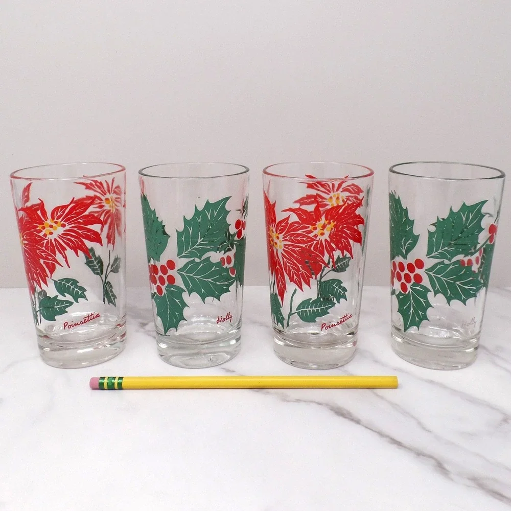 Vintage Christmas Glasses: Poinsettia & Holly - Set of 4 (1960s)